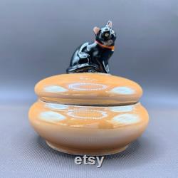 Vintage Noritake Peach Lustre Lidded Dish with Enigmatic Black Cat Lid