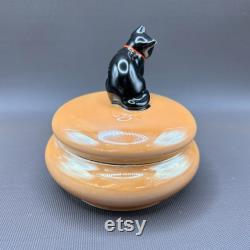 Vintage Noritake Peach Lustre Lidded Dish with Enigmatic Black Cat Lid