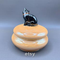 Vintage Noritake Peach Lustre Lidded Dish with Enigmatic Black Cat Lid