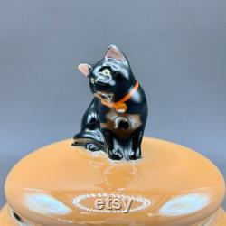 Vintage Noritake Peach Lustre Lidded Dish with Enigmatic Black Cat Lid