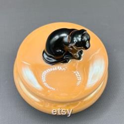 Vintage Noritake Peach Lustre Lidded Dish with Enigmatic Black Cat Lid