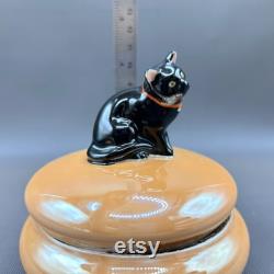 Vintage Noritake Peach Lustre Lidded Dish with Enigmatic Black Cat Lid