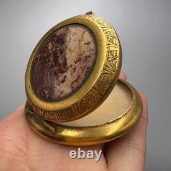 Vintage Old Makeup Used Powder Box Mirror Women USSR Compact Brass Jasper Stone