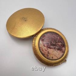Vintage Old Makeup Used Powder Box Mirror Women USSR Compact Brass Jasper Stone