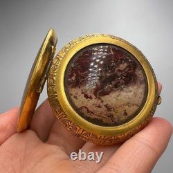 Vintage Old Makeup Used Powder Box Mirror Women USSR Compact Brass Jasper Stone