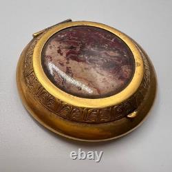 Vintage Old Makeup Used Powder Box Mirror Women USSR Compact Brass Jasper Stone