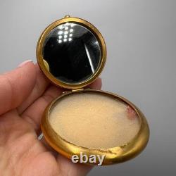 Vintage Old Makeup Used Powder Box Mirror Women USSR Compact Brass Jasper Stone