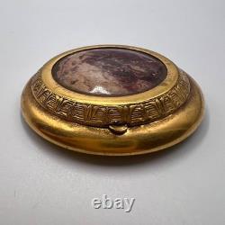 Vintage Old Makeup Used Powder Box Mirror Women USSR Compact Brass Jasper Stone
