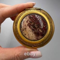 Vintage Old Makeup Used Powder Box Mirror Women USSR Compact Brass Jasper Stone