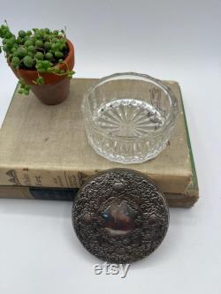 Vintage Ornate Silver Powder Box Trinket Dish Jewelry Tray Ring dish Victorian Vanity Decor Storage Box