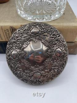 Vintage Ornate Silver Powder Box Trinket Dish Jewelry Tray Ring dish Victorian Vanity Decor Storage Box