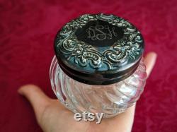 Vintage Ornate Vanity Jar, Monogrammed Silver Lid, Floral Design, Herb Incense Potpourri Jar, Victorian, Hollywood Regency, Mother's Day