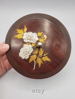 Vintage Otagiri Lacquerware Faux Wood Floral Trinket Jewelry Powder Box