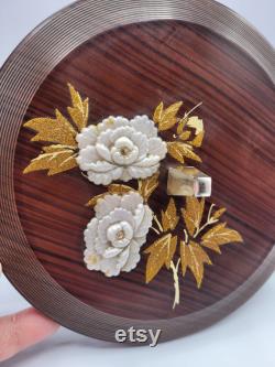 Vintage Otagiri Lacquerware Faux Wood Floral Trinket Jewelry Powder Box
