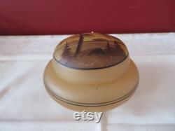 Vintage Pale Orange Hand Painted Frosted Glass Powder Bowl and Lid with Woodland Forest Design 1930's Vanity Trinket See Condition Report