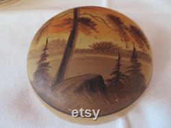 Vintage Pale Orange Hand Painted Frosted Glass Powder Bowl and Lid with Woodland Forest Design 1930's Vanity Trinket See Condition Report