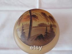 Vintage Pale Orange Hand Painted Frosted Glass Powder Bowl and Lid with Woodland Forest Design 1930's Vanity Trinket See Condition Report