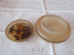 Vintage Pale Orange Hand Painted Frosted Glass Powder Bowl and Lid with Woodland Forest Design 1930's Vanity Trinket See Condition Report
