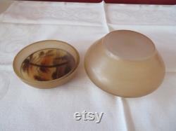 Vintage Pale Orange Hand Painted Frosted Glass Powder Bowl and Lid with Woodland Forest Design 1930's Vanity Trinket See Condition Report