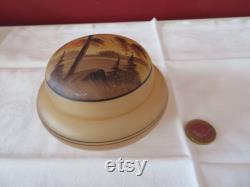 Vintage Pale Orange Hand Painted Frosted Glass Powder Bowl and Lid with Woodland Forest Design 1930's Vanity Trinket See Condition Report