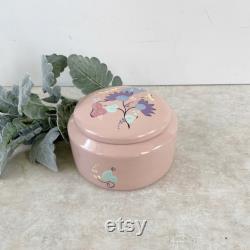 Vintage Pale Pink Round Ceramic Powder Box, Victoria Capistrano California Hand Painted Floral Vanity Lidded Jewelry Trinket Box