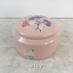 Vintage Pale Pink Round Ceramic Powder Box, Victoria Capistrano California Hand Painted Floral Vanity Lidded Jewelry Trinket Box