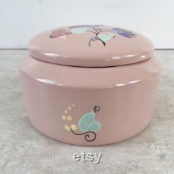 Vintage Pale Pink Round Ceramic Powder Box, Victoria Capistrano California Hand Painted Floral Vanity Lidded Jewelry Trinket Box