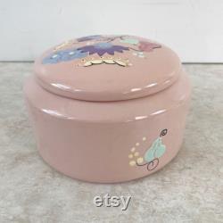 Vintage Pale Pink Round Ceramic Powder Box, Victoria Capistrano California Hand Painted Floral Vanity Lidded Jewelry Trinket Box