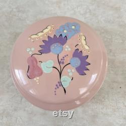 Vintage Pale Pink Round Ceramic Powder Box, Victoria Capistrano California Hand Painted Floral Vanity Lidded Jewelry Trinket Box