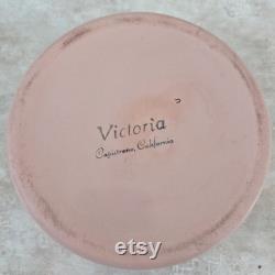 Vintage Pale Pink Round Ceramic Powder Box, Victoria Capistrano California Hand Painted Floral Vanity Lidded Jewelry Trinket Box