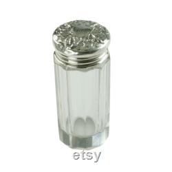 Vintage Paneled Glass Dresser Jar with Sterling Silver Lid, Morning Glory Motif, 10-Sided Glass Vanity Jar