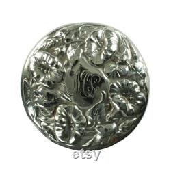 Vintage Paneled Glass Dresser Jar with Sterling Silver Lid, Morning Glory Motif, 10-Sided Glass Vanity Jar