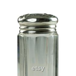 Vintage Paneled Glass Dresser Jar with Sterling Silver Lid, Morning Glory Motif, 10-Sided Glass Vanity Jar
