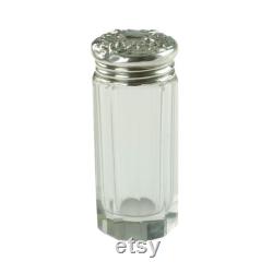 Vintage Paneled Glass Dresser Jar with Sterling Silver Lid, Morning Glory Motif, 10-Sided Glass Vanity Jar