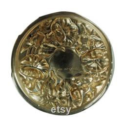 Vintage Paneled Glass Dresser Jar with Sterling Silver Lid, Morning Glory Motif, 10-Sided Glass Vanity Jar