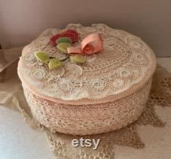 Vintage Peach Silk Oval Vanity Box Adorned with Lace With Lace Top and Silk Flower Accent with Ribbon Lace Inside Top, Cottage Chic Keepsake