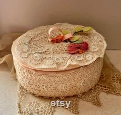 Vintage Peach Silk Oval Vanity Box Adorned with Lace With Lace Top and Silk Flower Accent with Ribbon Lace Inside Top, Cottage Chic Keepsake