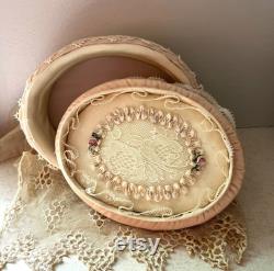 Vintage Peach Silk Oval Vanity Box Adorned with Lace With Lace Top and Silk Flower Accent with Ribbon Lace Inside Top, Cottage Chic Keepsake
