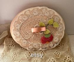 Vintage Peach Silk Oval Vanity Box Adorned with Lace With Lace Top and Silk Flower Accent with Ribbon Lace Inside Top, Cottage Chic Keepsake