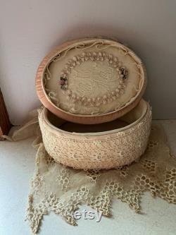 Vintage Peach Silk Oval Vanity Box Adorned with Lace With Lace Top and Silk Flower Accent with Ribbon Lace Inside Top, Cottage Chic Keepsake