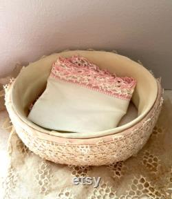 Vintage Peach Silk Oval Vanity Box Adorned with Lace With Lace Top and Silk Flower Accent with Ribbon Lace Inside Top, Cottage Chic Keepsake