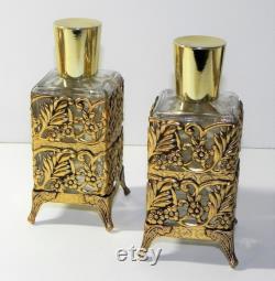 Vintage Perfume or Lotion Bottle Vanity Set Glass with Gold Metal Trim