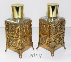 Vintage Perfume or Lotion Bottle Vanity Set Glass with Gold Metal Trim
