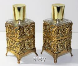 Vintage Perfume or Lotion Bottle Vanity Set Glass with Gold Metal Trim