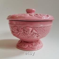 Vintage Pink Ceramic Cherubs Covered Pedestal Dish Powder Box Woodpecker Products