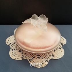 Vintage Pink Dusting Powder Box with Powder Poof, Frosty Wild Rose on the Lid,