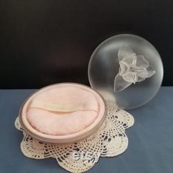 Vintage Pink Dusting Powder Box with Powder Poof, Frosty Wild Rose on the Lid,