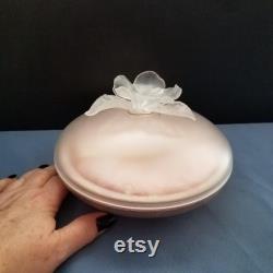 Vintage Pink Dusting Powder Box with Powder Poof, Frosty Wild Rose on the Lid,