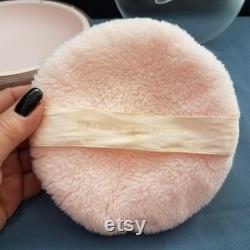 Vintage Pink Dusting Powder Box with Powder Poof, Frosty Wild Rose on the Lid,