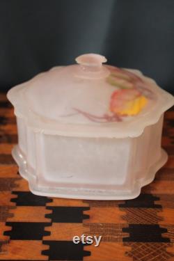 Vintage Pink Frosted Glass Powder Box With Lid And Original Puff For Delicate Vanity Decor. Pink With Red Yellow Green Leaves Hand Painted.